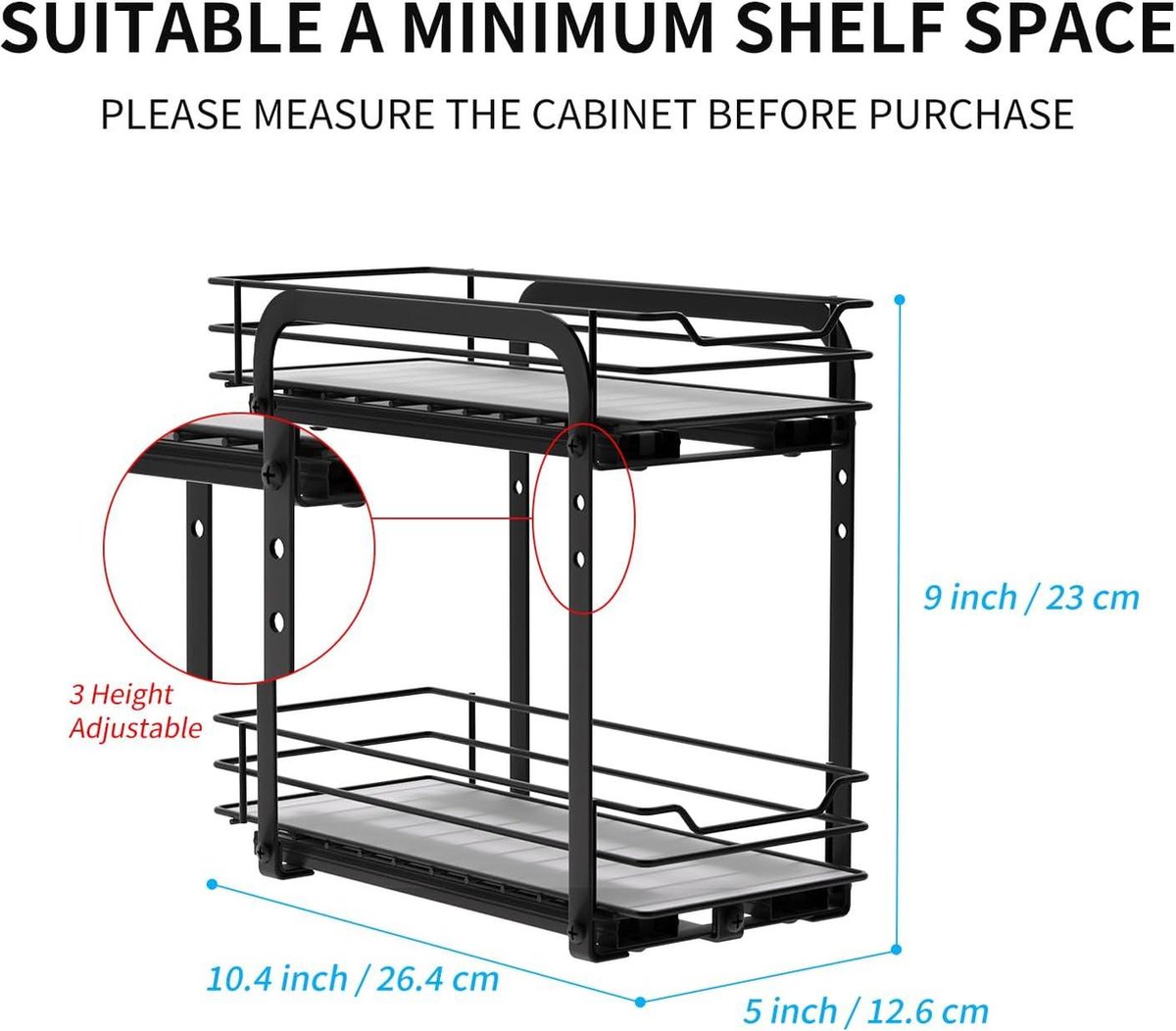 AIRUJIA Uittrekbare kastorganizer, kruidenrekken, 2-laags kruidenrek, in hoogte verstelbare kruidenrekorganizer voor kast, keukenopbergplank voor binnenkast, robuust metalen kruidenrek L26,2 x B22,8 x