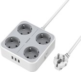 Power Strip with 4 Sockets and 3 USB Ports - 7 in 1 Table Socket Plug with Switch - Home Office Extension Cable 2m