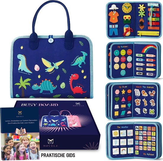Movela Busy Board - Blauw- Activiteiten Boek - Activiteitenbord - Gids Met Tips - Sensorisch Speelgoed - 8 Pagina's - Montessori voor thuis - Educatief - Educatief Speelgoed - Engels leren - Motoriek Speelgoed