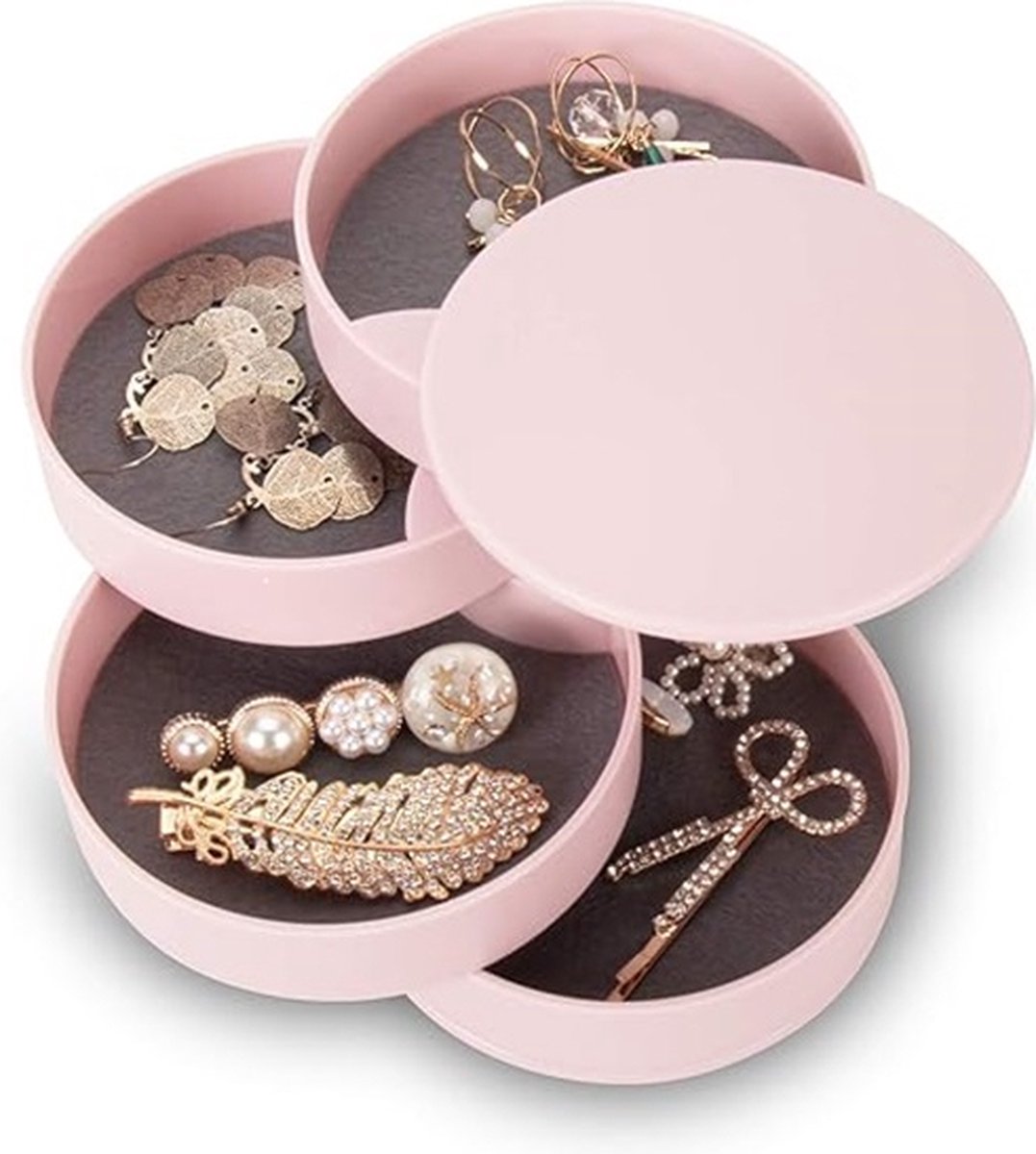 Sieraden Organizer - Kleine Sieraden Opbergdoos Oorbellenhouder voor Vrouwen - 5-Lagen Draaibare Reissieradendoos met Deksel voor Armbanden en Ringen - Roze