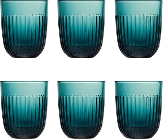 Set van zes turkooisblauwe glazen met verticale ribbels. D8xH9,5cm.