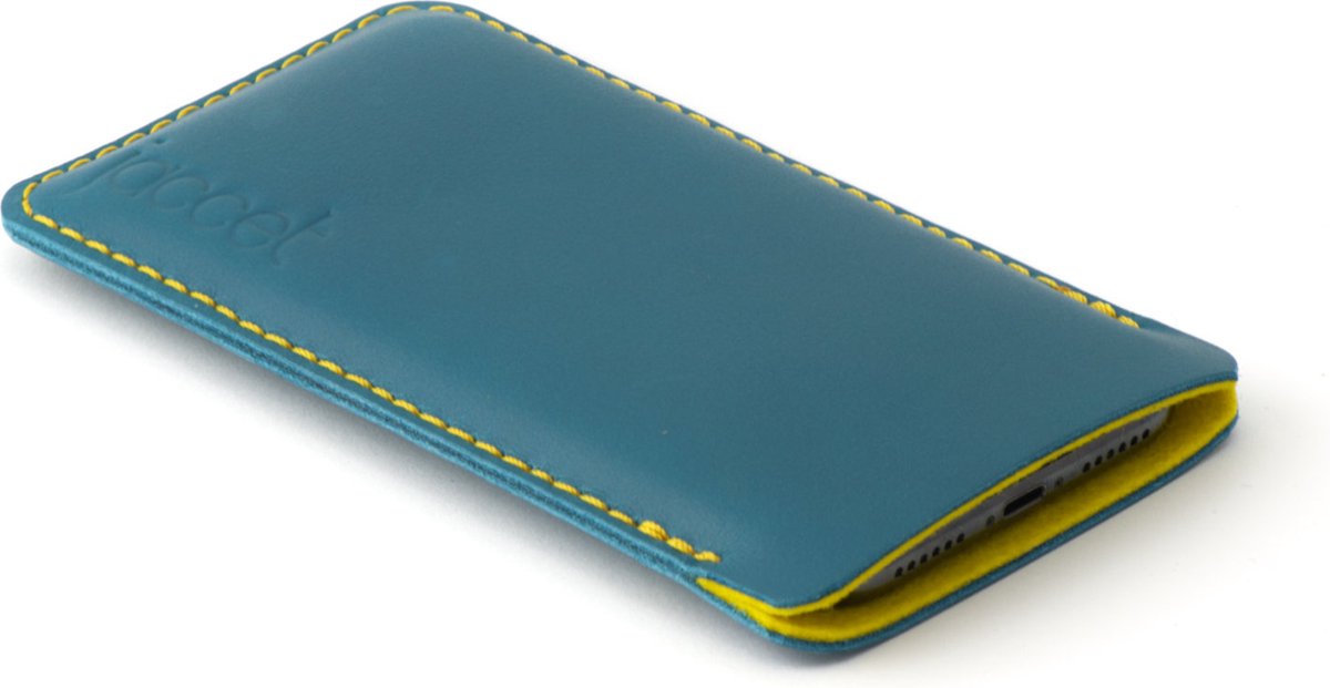 JACCET leren Galaxy S24 Plus hoesje - Turquoise volnerf leer met geel wolvilt - Handmade in Nederland