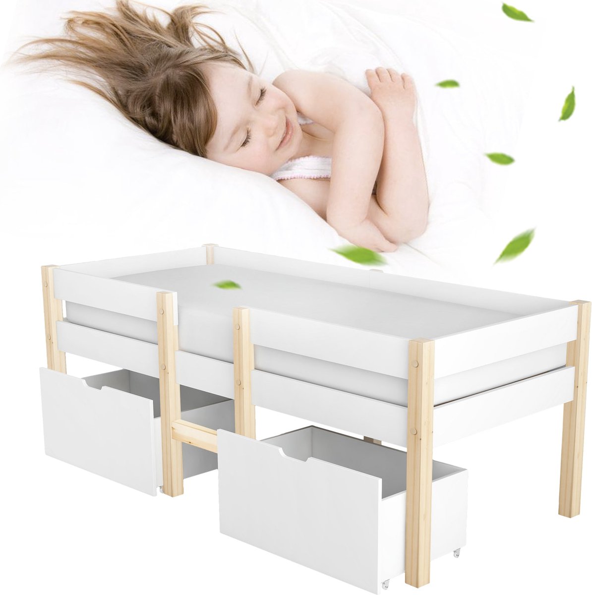 Merax Half Hoogslaper met Uitvalbeveiliging - 90x200 cm - Kinderbed met 2 Lades - Wit met Eiken Bruin