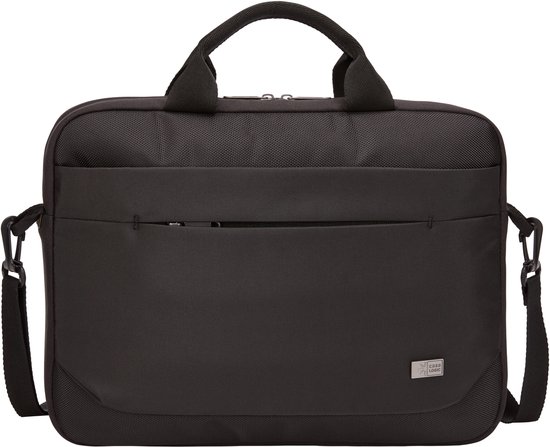 Zwarte laptoptas met handvatten, schouderband en logo.
