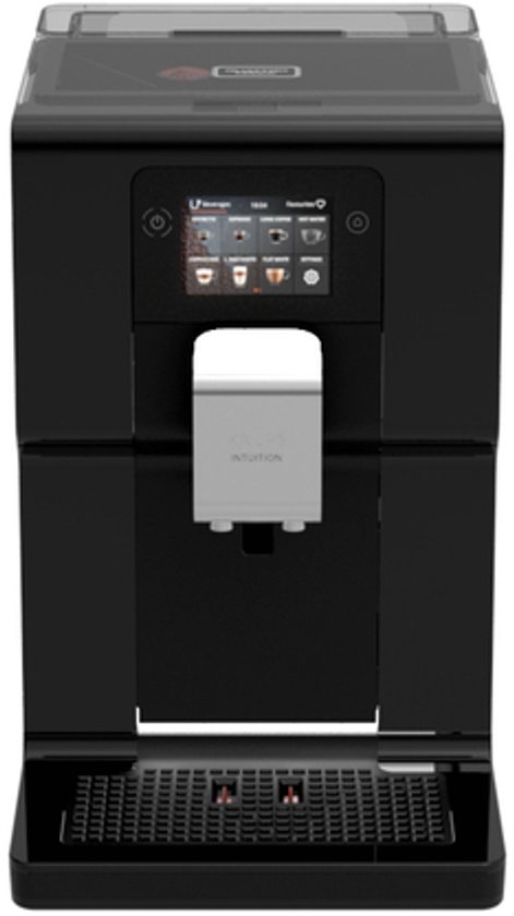 Zwarte Krups Intuition Preference volautomatische espressomachine met touchscreen en metalen melkuitloop.