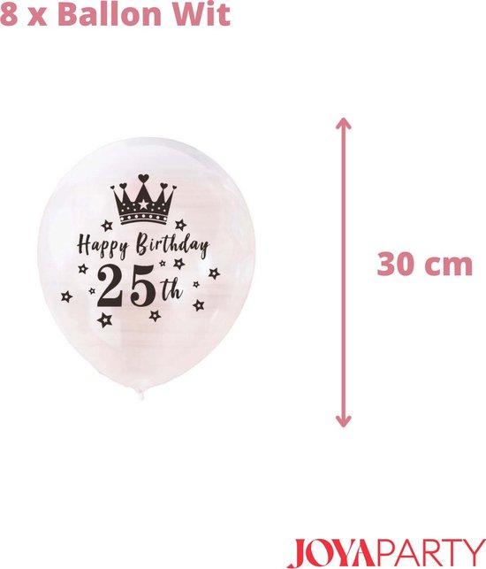 Acht doorzichtige ballonnen met opdruk 'Happy Birthday 25th' en kroontjes.
