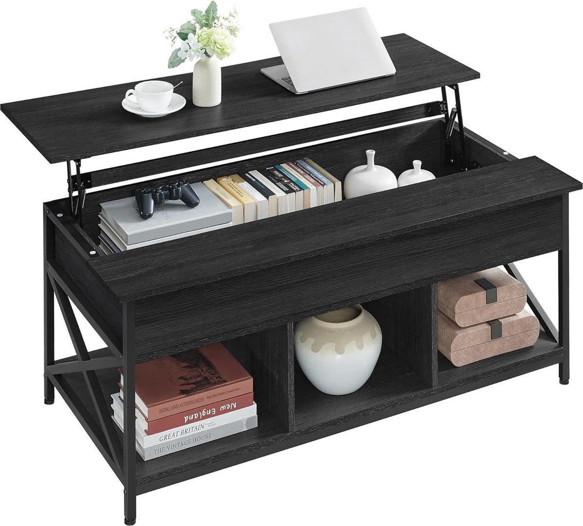 FurnStar - Salontafel - In Hoogte Verstelbare Woonkamertafel - Koffietafel - Open En Verborgen Opbergruimte - 60 X 120 X (48-62) Cm - Antraciet Grijs-Zwart