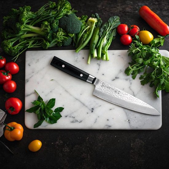 Yaxell Japonais - Série Zen - Couteau de Chef - Acier VG-10 - 61 HRC - Lame 20 cm - Acier Damas 37 Couches - Manche Toile-Micarta