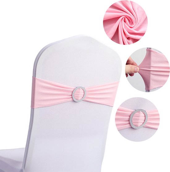 Foto: 10 stuks roze spandex stretch stoel sjerpen strikken elastische stoelhoes banden stropdassen met gesp schuif elastische stoel stropdassen voor bruiloft feest receptie evenementen universele ceremonie banket decoraties