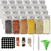 24 Kruidenpotjes Vierkant - Met 30 Vierkante en 30 Ronde Stickers, Trechter, Stift & Schoonmaakbrostel - Kruidenstrooiers - Glas - Hanamura