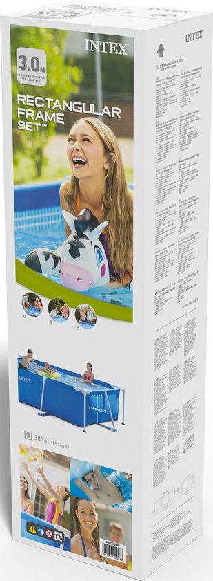 Doos van een Intex rechthoekig frame zwembad met afbeeldingen van het product en de verpakking.