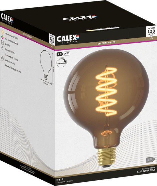 Calex decoratieve LED gloeilamp, G120, met spiraal filament, E27 fitting, 4.0W, 120 lumen.