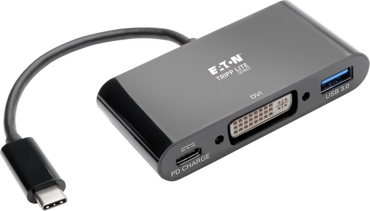 Tripp-Lite U444-06N-DUB-C USB-C to DVI Adapter with USB-A Hub, Thunderbolt 3—1080p, PD Charging, Black, 6 in. TrippLite