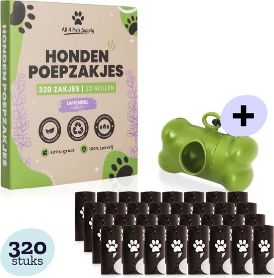 Foto: All 4 pets supply hondenpoepzakjes houder inclusief hondenpoepzakjes dispenser 320 stuks lavendel geur 100 biologisch afbreekbaar poepzakjeshouder hond bruin