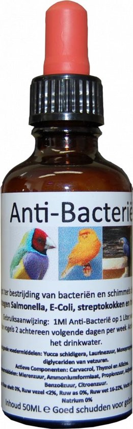Bruine druppelfles met rood dopje, etiket: Anti-Bacterieel, met afbeeldingen van vogels.