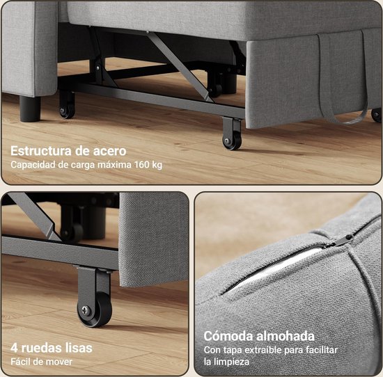 Gedetailleerde afbeeldingen van de grijze fauteuil: stalen frame, wielen en afneembare kussenhoes.