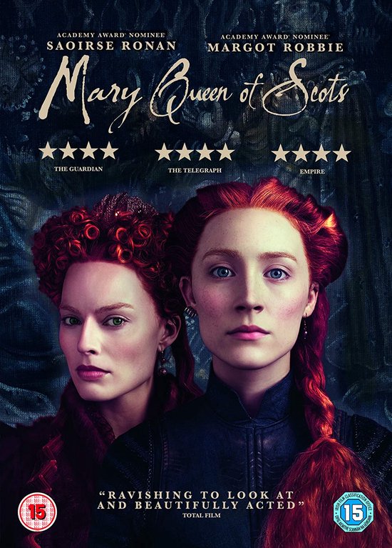 DVD hoes van Mary Queen of Scots met Saoirse Ronan en Margot Robbie, die twee koninginnen uitbeelden met rode, opgestoken kapsels en pruiken.