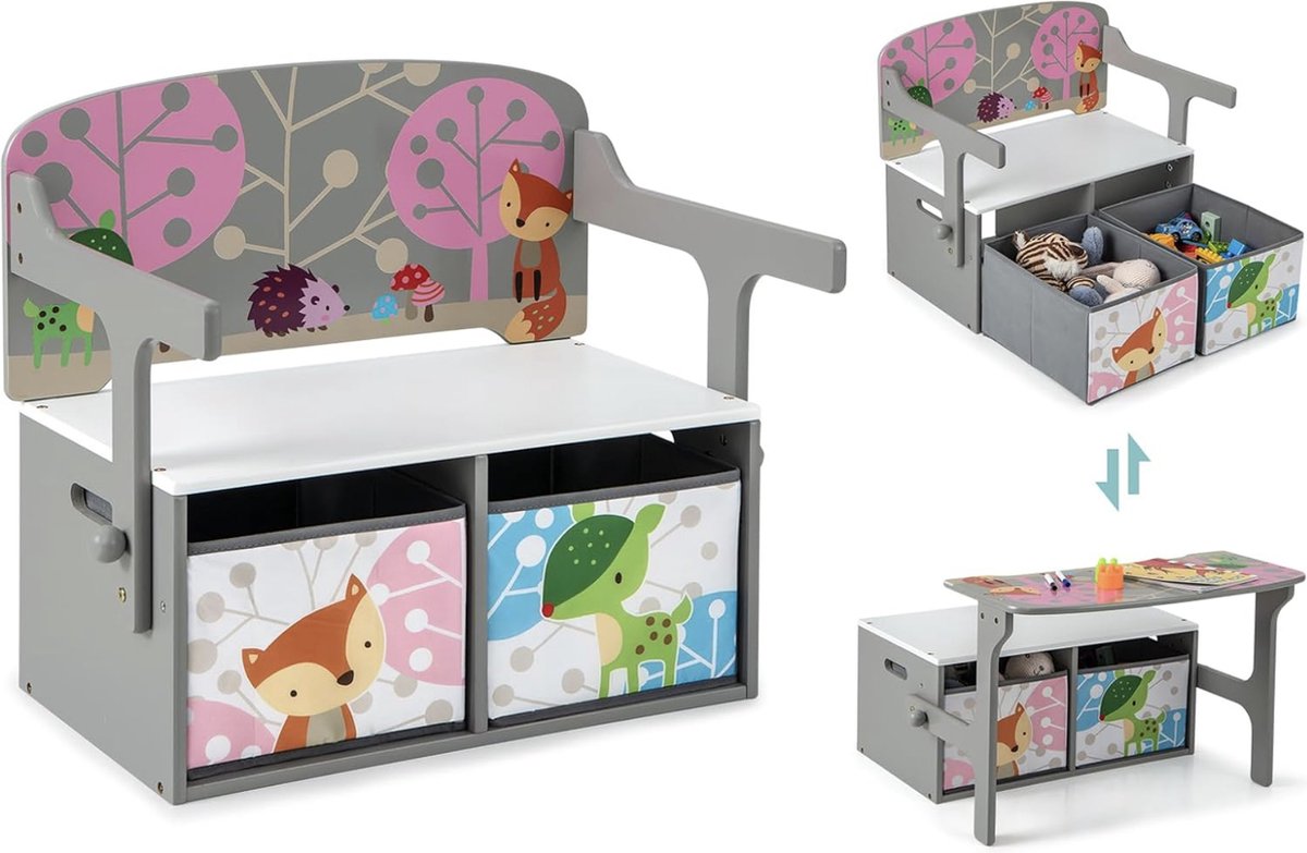 3-in-1 kindertafel met zitbank kinderzitgroep met 2 afneembare manden kinderzitbank met opbergruimte speelgoedkist met rugleuning zitkist voor kinderkamer grijs