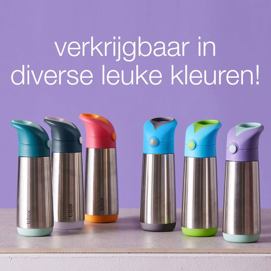 Zes roestvrijstalen drinkflessen met gekleurde doppen: mintgroen, donkergrijs, oranje, blauw, groen en paars. Tekst: 'verkrijgbaar in diverse leuke kleuren!'.