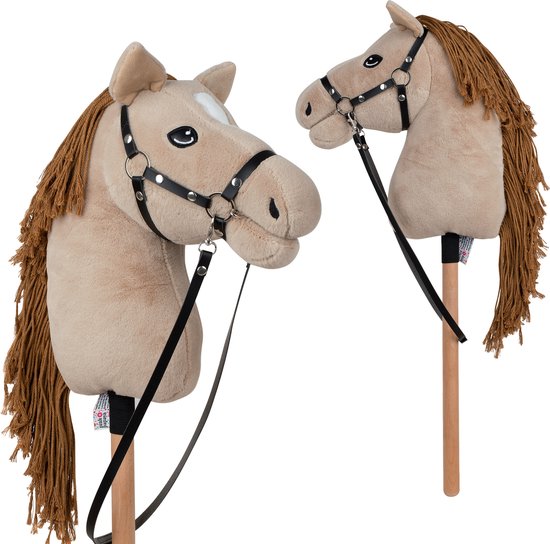 Foto: Pink papaya hobby paard met halster en trens stokpaardje voor hobby horsing paard om op te rijden voor kinderen