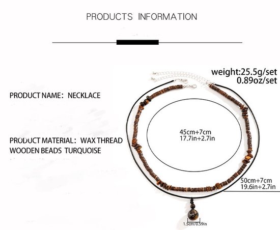Herenketting van waxdraad met houten en turkoois kralen, met afmetingen 45+7cm en 50+7cm.