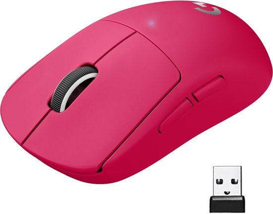 Roze gaming muis met scrollwiel, knoppen en draadloze USB-dongel.
