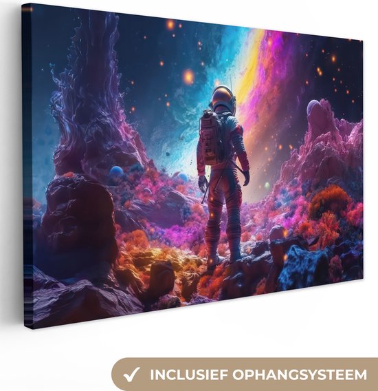 Canvas schilderij 120x80 cm - Wanddecoratie Ruimte - Astronaut - Neon - Sterren - Muurdecoratie game room - Gaming kamer decoratie - Gameroom accessoires - Schilderijen