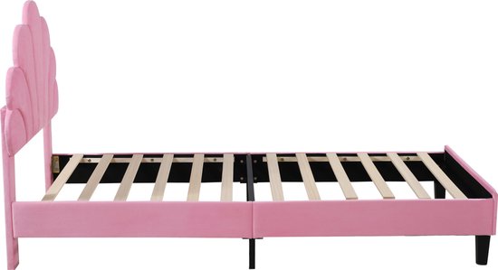 Gestoffeerd bed kinderbed 90 x 200 cm, bedframe met hoofdeinde in bloemvorm en lattenbodem, tienermeisjesbed in huidvriendelijke fluwelen stof, logeerbed (kleur: bonenrood) (roze - 90 x 200 cm