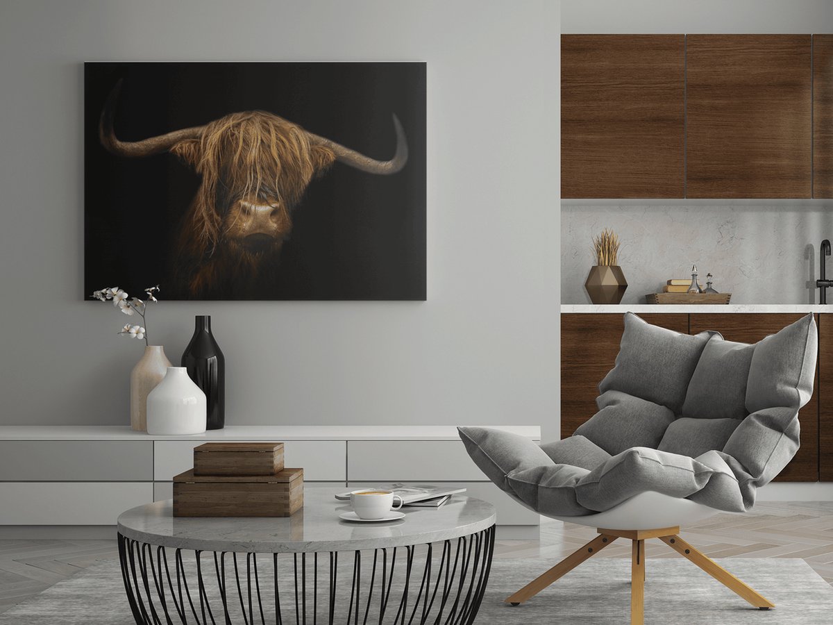 Trendex Global Canvas Schilderij - Hooglander - Schotse - Wanddecoratie - 90x60x2 cm Bruin