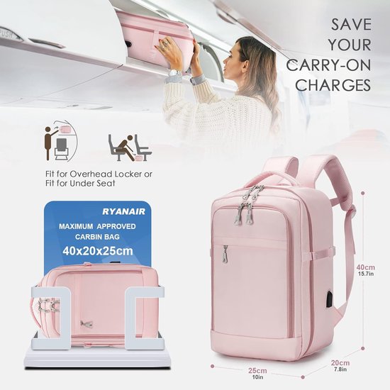 Hayayu voor Ryanair handbagage 40x20x25 rugzak 40x20x25 cabinetas vliegtuig reisrugzak onderzetters handbagagetas voor Wizz 40x30x20 met apart vak voor 14-inch computer voor korteafstandsvluchten