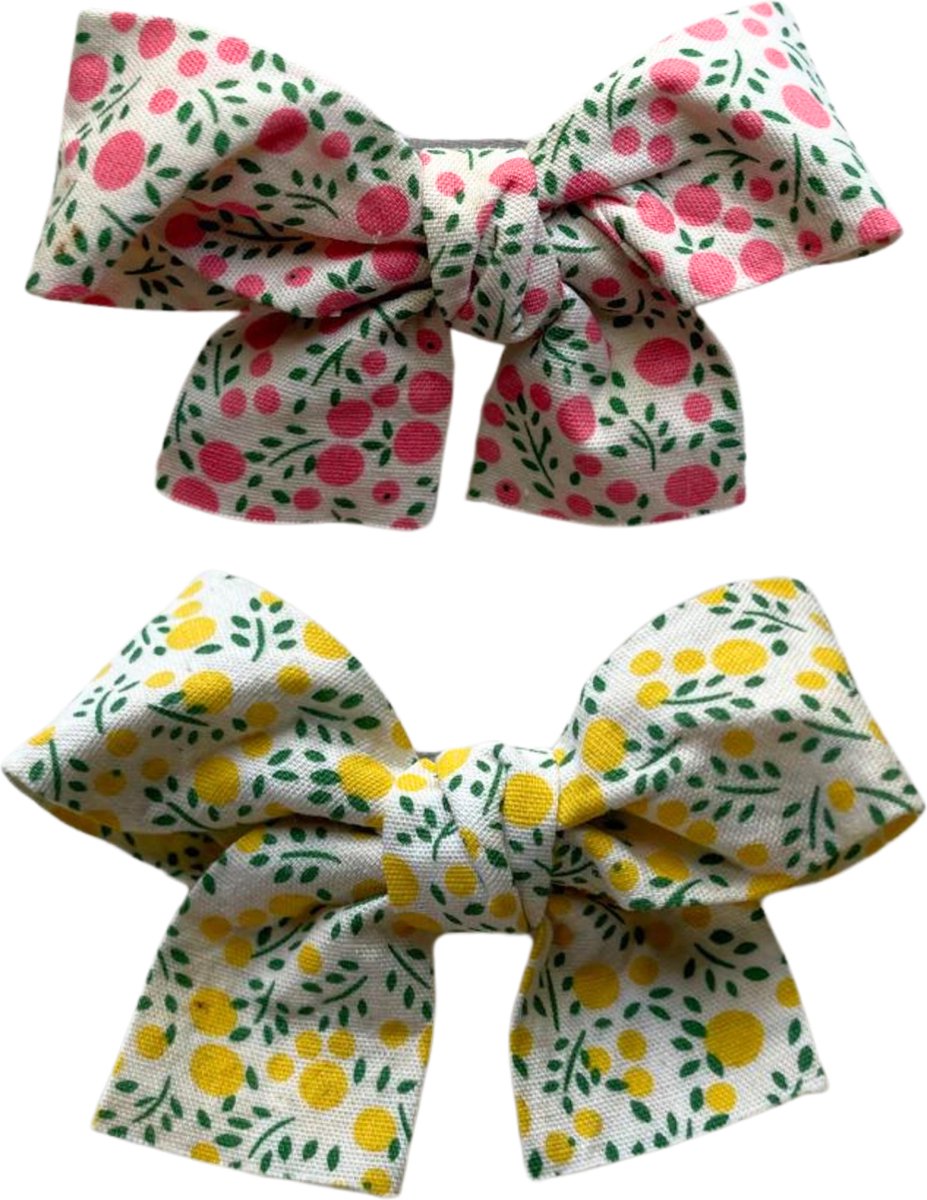 Haarclip - Haarstrik - Haarspeld - Roze & Geel - Strik met Fruit en Blaadjes - Meisje - Kind - 2 stuks