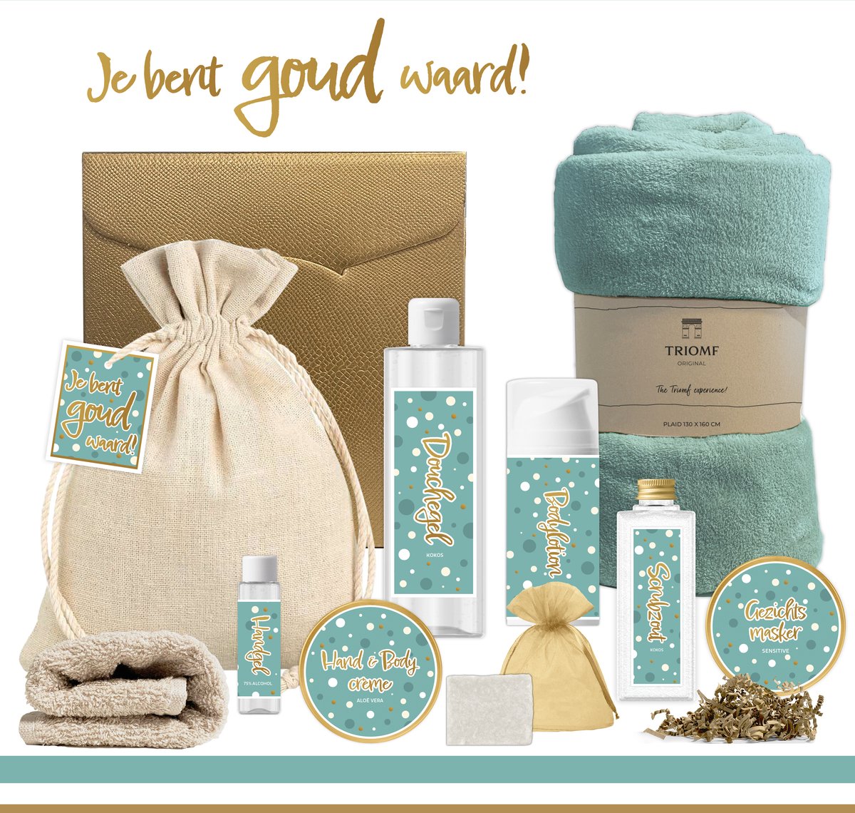 Goedkoopste Geschenkset “Je bent goud waard!” - 10 producten - 1400 gram | Cadeau Vrouw - Wellness Giftset Vrouw - Cadeaupakket Speciaal voor jou - Cadeau Pakket Bedankt - Verjaardag Vriendin Moeder Collega - Gift Set Kerst Kerstpakket Goud Turquoise