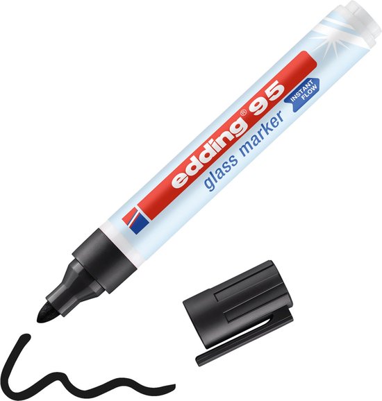 Edding 95 glasmarker in zwart met dop, met een golvende lijn die erop wijst.