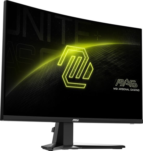 Voorkant van een zwarte gebogen MSI gaming monitor met neon-geel logo.