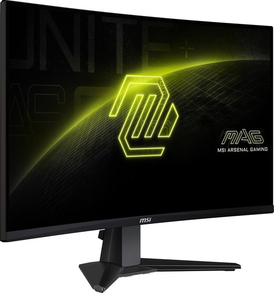 Voorkant van een zwarte gebogen MSI gaming monitor met neon-geel logo.