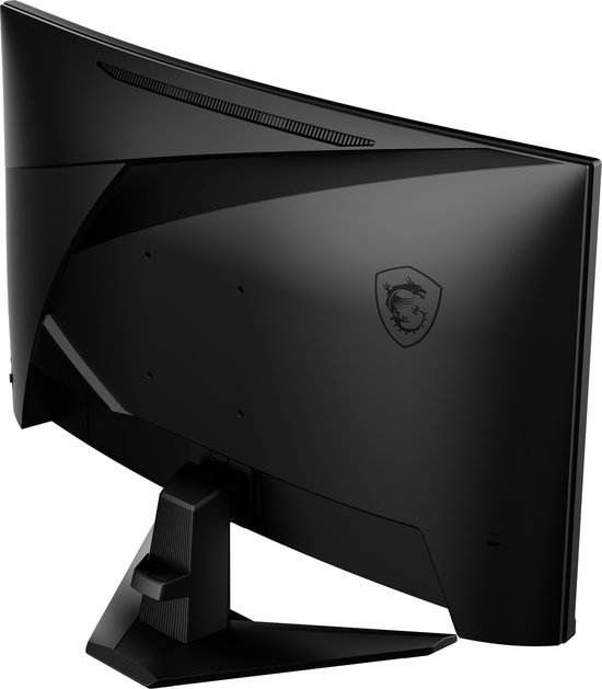 Achterkant van een zwarte gebogen gaming monitor met MSI logo.