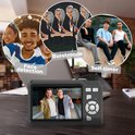 Digitale camera die "Face detection", "Burstmode" en "Self-timer" functies toont. Scherm toont twee lachende mannen.