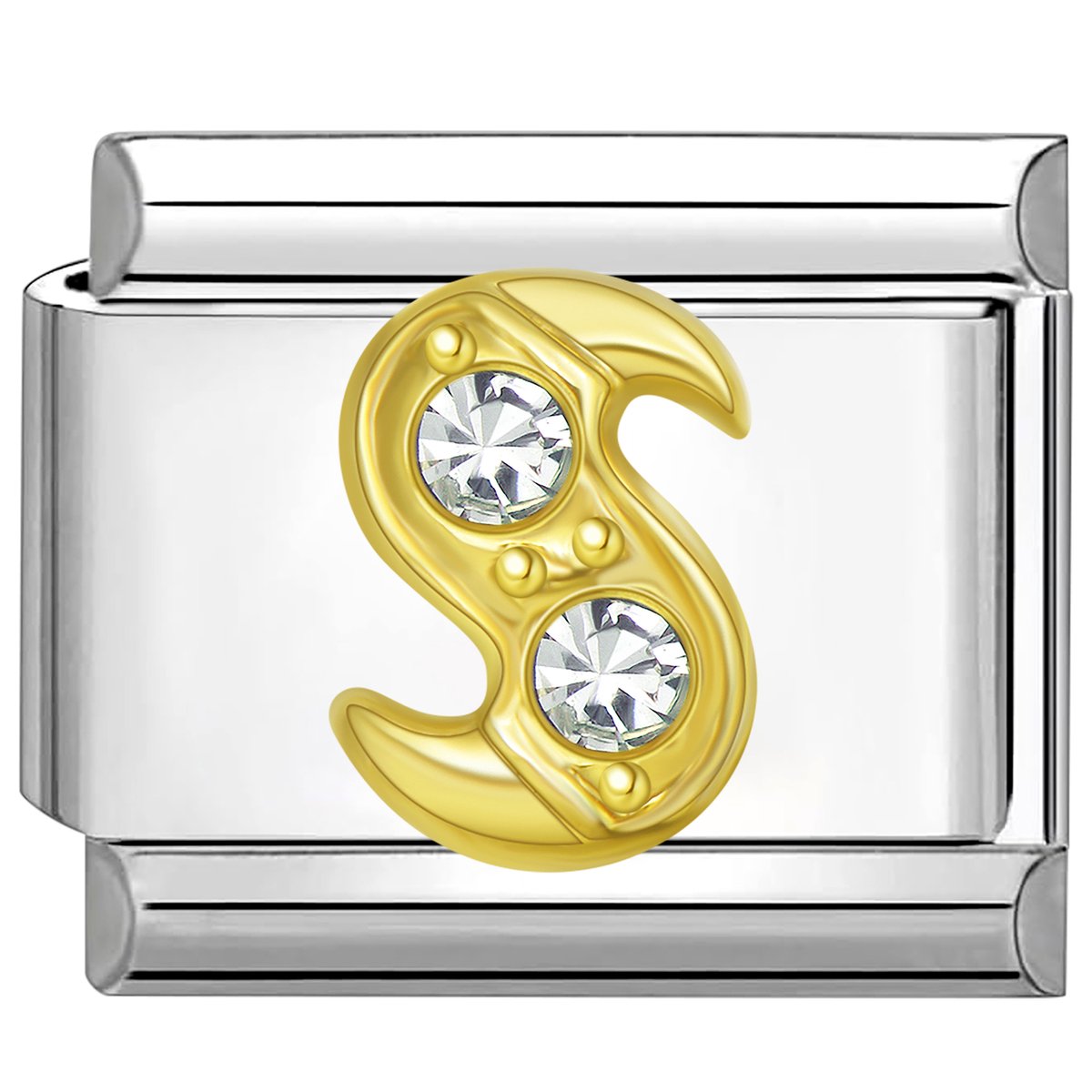 Quiges - Schakel - Bedel - 9mm - charms - Goud - Zirkonia - alfabet - letter S - Geschikt voor - armband - Schakelarmband - italy bedels armband
