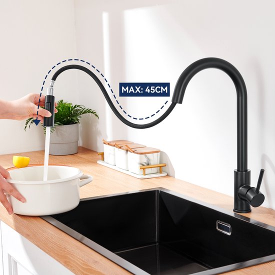 AuraLum pro Keukenspoelbak 40 x 44 cm, keukenspoelbak, 1 granieten wastafel, zwart met sifon en afwateringsset, fragranitspoelbak meer dan 40 cm