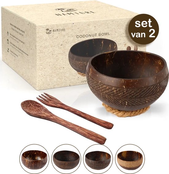 Namture - Kokosnoot Kom Set Arrow - 2 Kommen & 2 Houten Lepels - Coconut Bowl - Zero Waste & Duurzaam - Jumbo Maat - Duurzaam Cadeau