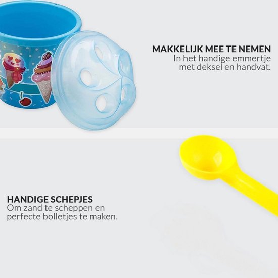Blauwe emmer met ijsjesprint, deksel en een gele schep.