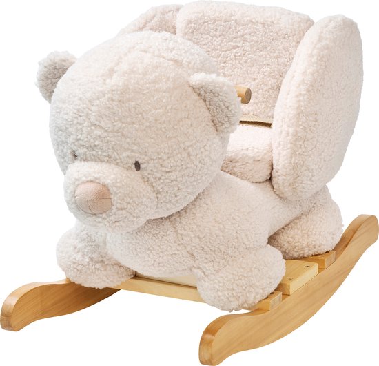 Crèmekleurig teddybeer schommelpaard met houten schommeldelen.