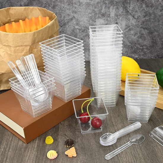 Dessertkopjes, 50 stuks, kunststof bekers van 160 ml, met 50 stuks, transparant, doe-het-zelf dessertbeker, kunststof, herbruikbare kommen voor chocoladecrème, pudding