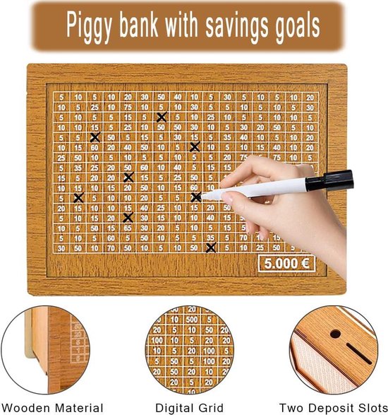 Houten spaarpot, spaarpot met teller, 3 spaarkaarten