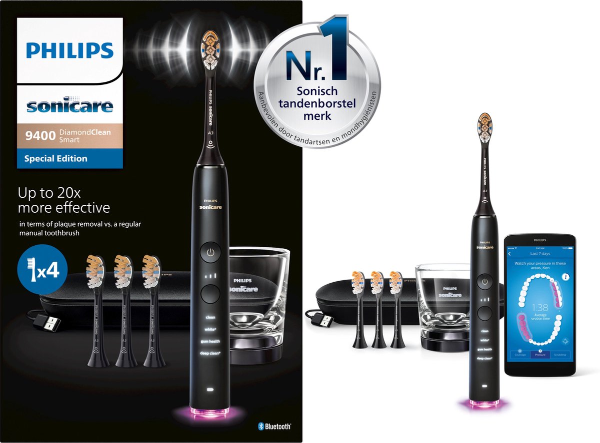 Philips Sonicare Diamondclean Smart 9400 - Elektrische tandenborstel - 4 opzetborstels - Zwart HX9918/89