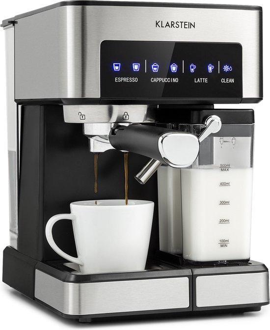 Foto: Klarstein arabica comfort espressomachine 1350 watt 20 bar uitneembare watertank 1 8 liter 90 rvs stoompijpje uitneembaar melkreservoir touch bedieningspaneel led display afwasbaar lekrooster zilver