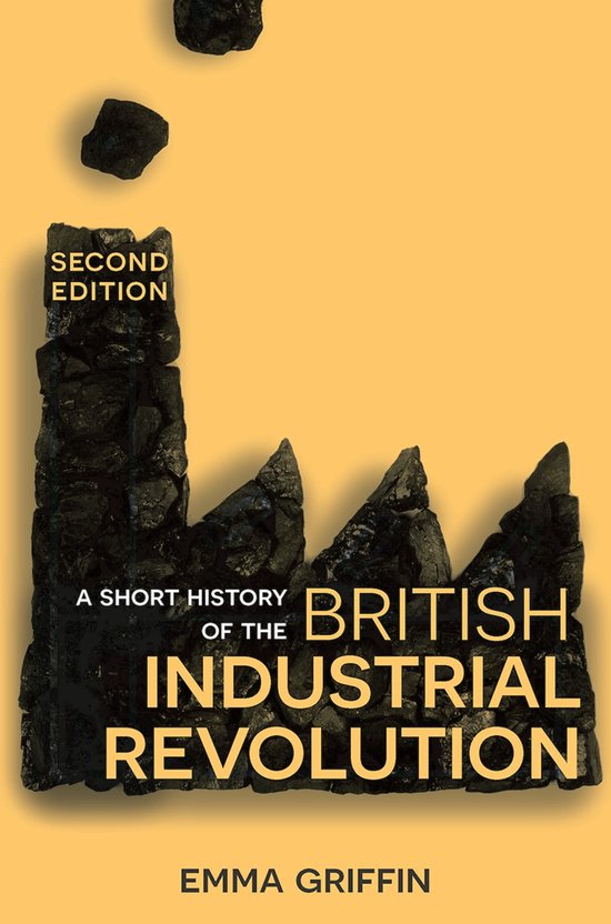 Boekhoes van 'A Short History of the British Industrial Revolution' met kolen en fabriekssilhouet.