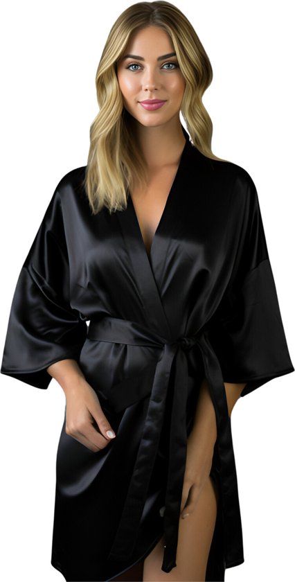 Foto: Moondrops kimono dames 100 satijn badjas l xl pyjama dames cadeau voor vrouw zwart