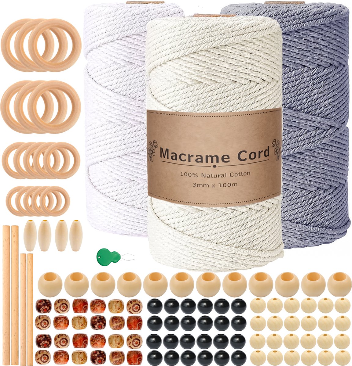 300 Meter 3mm Macramé Touw Compleet Pakket met Houten Ringen en Kralen - Hobby DIY Natuurlijk Katoen Koord\Garen voor Wandkleed en Plantenhanger Zelf Maken - Volwassen\ Kinderen Knutselen Set voor Macramé en Sieraden Handwerk- Incl. E-boeken