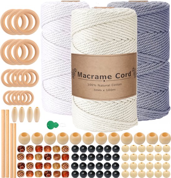 300 Meter 3mm Macramé Touw Compleet Pakket met Houten Ringen en Kralen - Hobby DIY Natuurlijk Katoen Koord\Garen voor Wandkleed en Plantenhanger Zelf Maken - Volwassen\ Kinderen Knutselen Set voor Macramé en Sieraden Handwerk- Incl. E-boeken